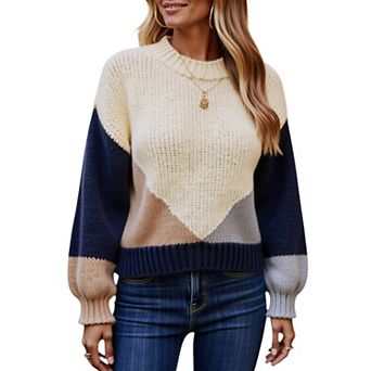 Women's Color Block Textured Knit Sweater with Long Sleeves and Relaxed Fit