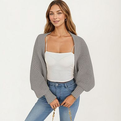 Women's Open Front Long Sleeve Knit Shrug Cardigan with Cropped Fit