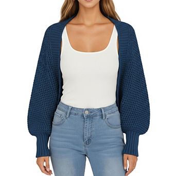 Women's Open Front Long Sleeve Knit Shrug Cardigan with Cropped Fit