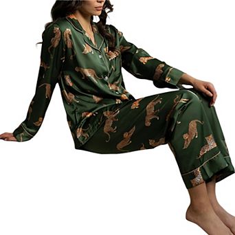 Women's Long Sleeve Button Front Pajama Set with Tiger Print and Satin Finish