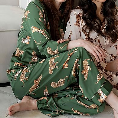 Women's Long Sleeve Button Front Pajama Set with Tiger Print and Satin Finish
