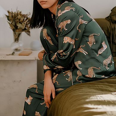 Women's Long Sleeve Button Front Pajama Set with Tiger Print and Satin Finish