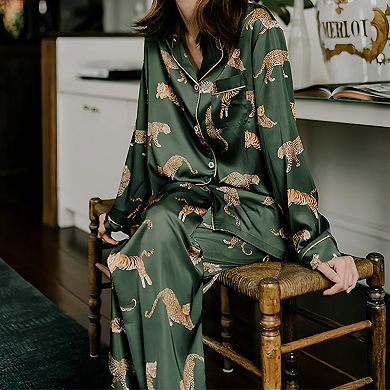 Women's Long Sleeve Button Front Pajama Set with Tiger Print and Satin Finish