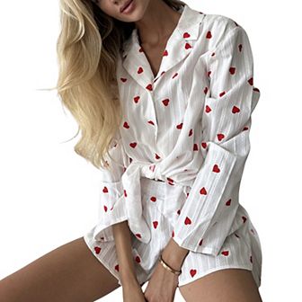 Women's White Long Sleeve Heart Print Tie Front Top and Matching Shorts Loungewear Set