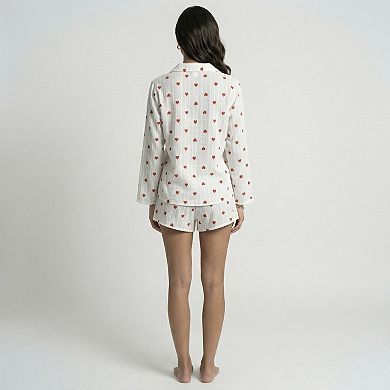 Women's White Long Sleeve Heart Print Tie Front Top and Matching Shorts Loungewear Set