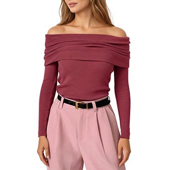 Women's Off-Shoulder Ribbed Knit Long Sleeve Top with Foldover Neckline