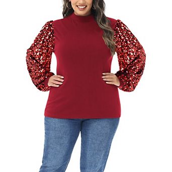 Women's Plus Size Sparkle Sequin Sweatshirt Mock Neck Pullover Long Sleeve Glitter Party Tops