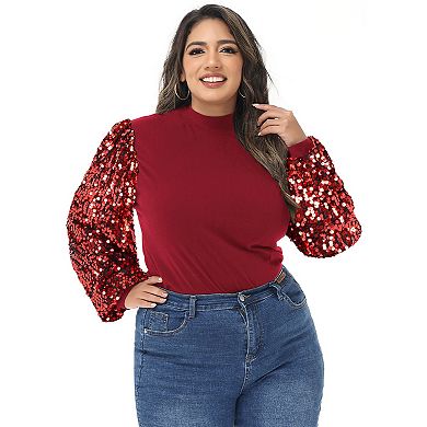 Women's Plus Size Sparkle Sequin Sweatshirt Mock Neck Pullover Long Sleeve Glitter Party Tops
