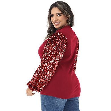 Women's Plus Size Sparkle Sequin Sweatshirt Mock Neck Pullover Long Sleeve Glitter Party Tops