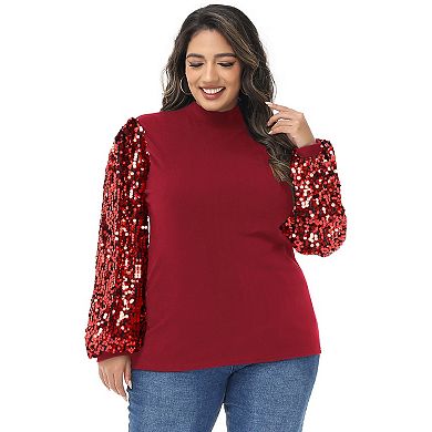 Women's Plus Size Sparkle Sequin Sweatshirt Mock Neck Pullover Long Sleeve Glitter Party Tops