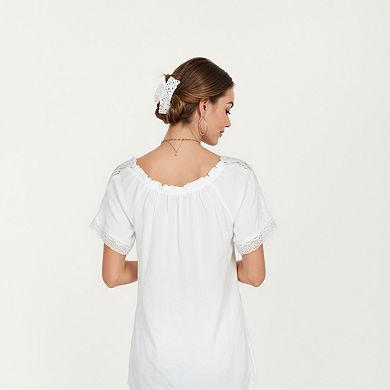 Women's Short Sleeve Peasant Blouse with Lace Trim Sleeves