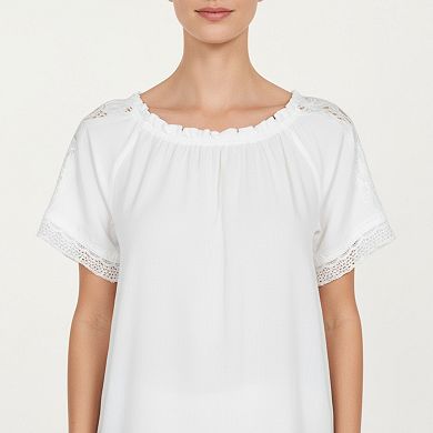 Women's Short Sleeve Peasant Blouse with Lace Trim Sleeves