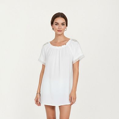 Women's Short Sleeve Peasant Blouse with Lace Trim Sleeves