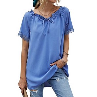 Women's Short Sleeve Peasant Blouse with Lace Trim Sleeves