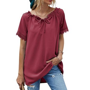 Women's Short Sleeve Peasant Blouse with Lace Trim Sleeves