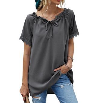 Women's Short Sleeve Peasant Blouse with Lace Trim Sleeves