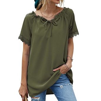 Women's Short Sleeve Peasant Blouse with Lace Trim Sleeves