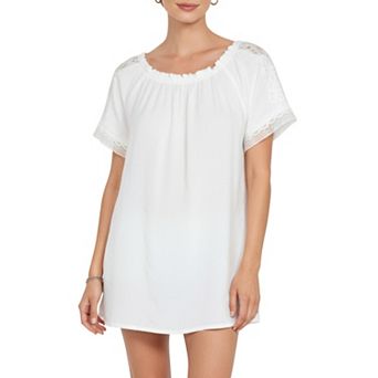 Women's Short Sleeve Peasant Blouse with Lace Trim Sleeves