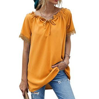 Women's Short Sleeve Peasant Blouse with Lace Trim Sleeves