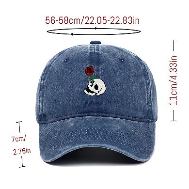 Women's Vintage Washed Baseball Cap with Skull and Rose Embroidery