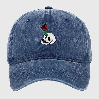 Women's Vintage Washed Baseball Cap with Skull and Rose Embroidery