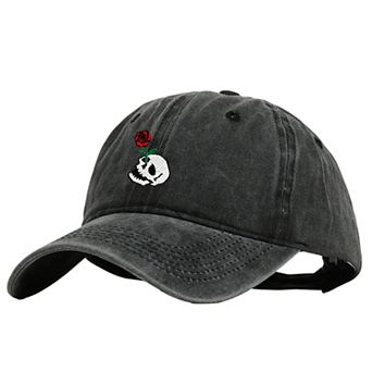 Women's Vintage Washed Baseball Cap with Skull and Rose Embroidery