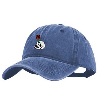 Women's Vintage Washed Baseball Cap with Skull and Rose Embroidery