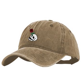 Women's Vintage Washed Baseball Cap with Skull and Rose Embroidery