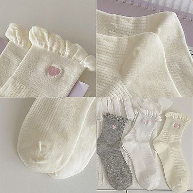 Women's 3-Pack Breathable Cotton Blend Socks with Ruffle Trim and Heart Embroidery
