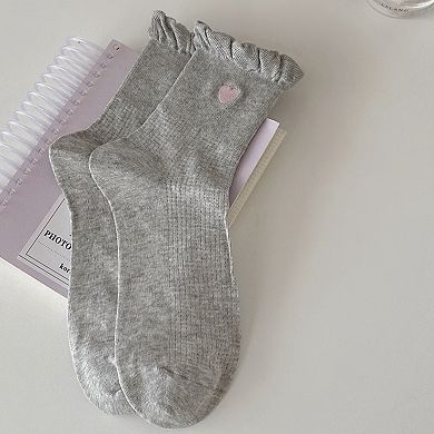 Women's 3-Pack Breathable Cotton Blend Socks with Ruffle Trim and Heart Embroidery