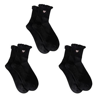 Women's 3-Pack Breathable Cotton Blend Socks with Ruffle Trim and Heart Embroidery
