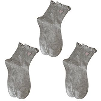 Women's 3-Pack Breathable Cotton Blend Socks with Ruffle Trim and Heart Embroidery
