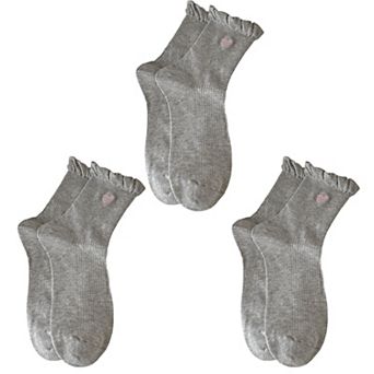 Women's 3-Pack Breathable Cotton Blend Socks with Ruffle Trim and Heart Embroidery