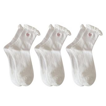 Women's 3-Pack Breathable Cotton Blend Socks with Ruffle Trim and Heart Embroidery
