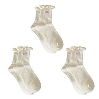 Women's 3-Pack Breathable Cotton Blend Socks with Ruffle Trim and Heart Embroidery
