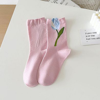 6pk Women's Ankle Socks with Tulip Embroidery