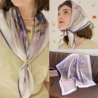 Satin Square Scarf with Elegant Floral Print for Neck Hair and Handbag Accessory
