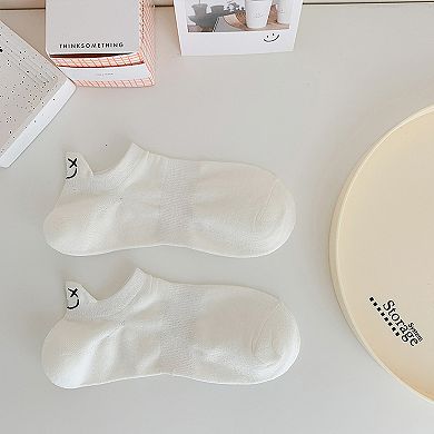 Women's 6pk Cotton White No - Show Socks with Smiley Face Embroidery