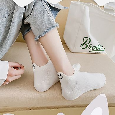 Women's 6pk Cotton White No - Show Socks with Smiley Face Embroidery