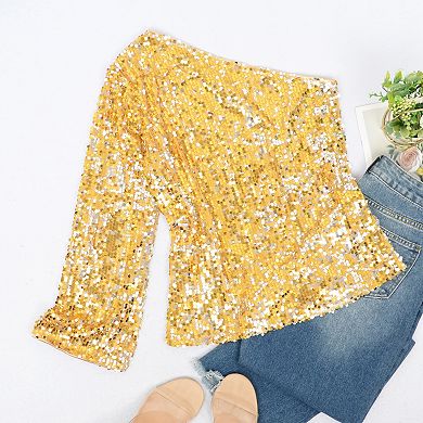 Women's One-Shoulder Sequin Top-Long Sleeve Party Blouse