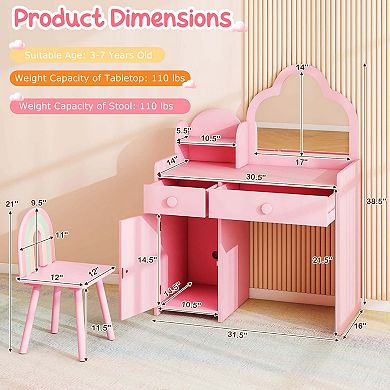 Costway Kids Vanity Table and Chair Set with Cloud-shaped Mirror Open Shelf Storage Drawers