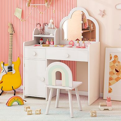 Costway Kids Vanity Table and Chair Set with Cloud-shaped Mirror Open Shelf Storage Drawers