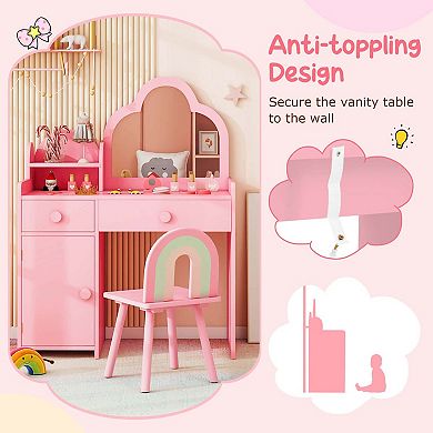 Costway Kids Vanity Table and Chair Set with Cloud-shaped Mirror Open Shelf Storage Drawers