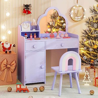 Costway Kids Vanity Table and Chair Set with Cloud-shaped Mirror Open Shelf Storage Drawers