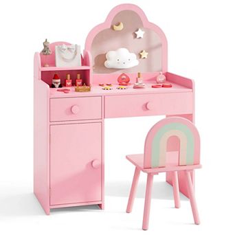 Costway Kids Vanity Table and Chair Set with Cloud-shaped Mirror Open Shelf Storage Drawers