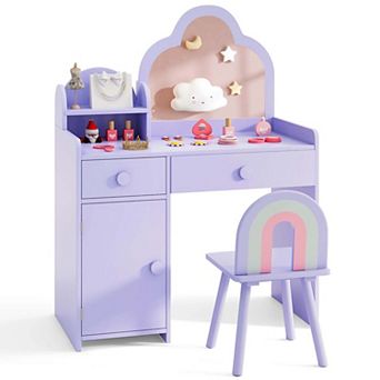 Costway Kids Vanity Table and Chair Set with Cloud-shaped Mirror Open Shelf Storage Drawers