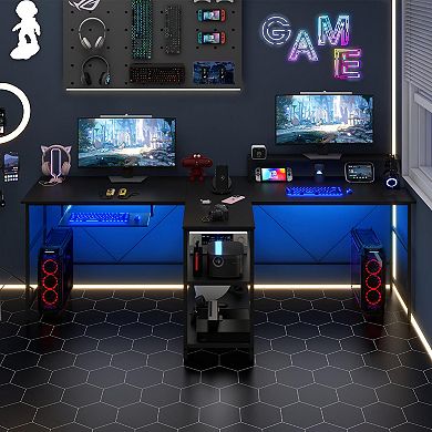 Costway 94.5" Long Office Desk 2-Person Reversible Computer Desk with LED Lights