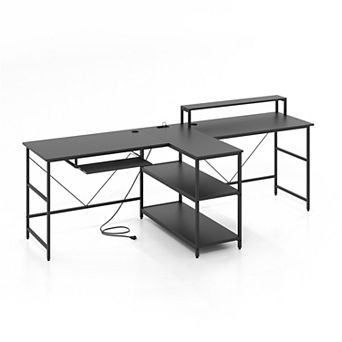 Costway 94.5" Long Office Desk 2-Person Reversible Computer Desk with LED Lights