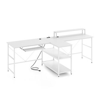 Costway 94.5" Long Office Desk 2-Person Reversible Computer Desk with LED Lights