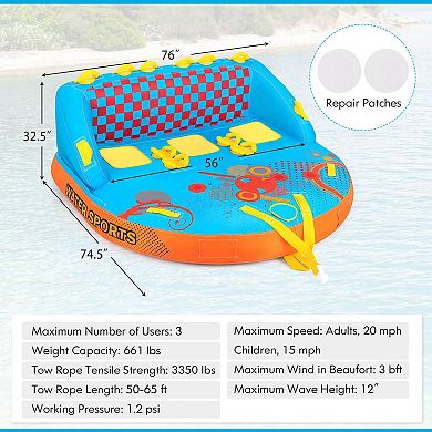 Costway Towable Tube for Boating 3 Riders with Front & Back Tow Points for Towing Rider